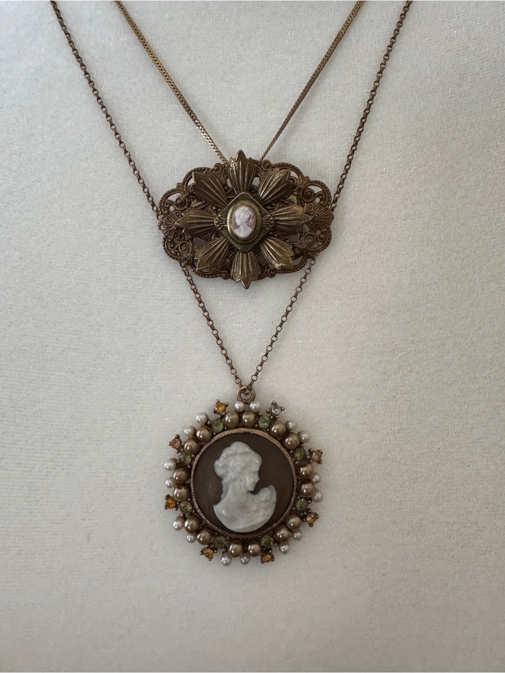 Vintage Cameo Necklaces Pair (1)14k Gold Filled Victorian Revival Brooch Pearl